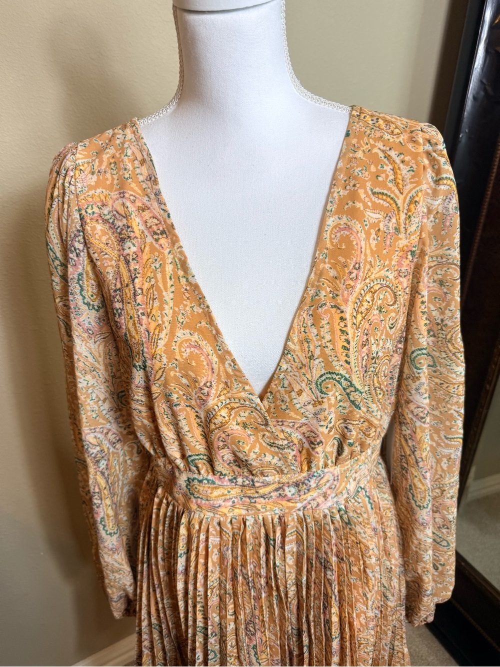 Paisley V-Neck Long Sleeve Mini Dress in Mustard - Picture 2 of 5
